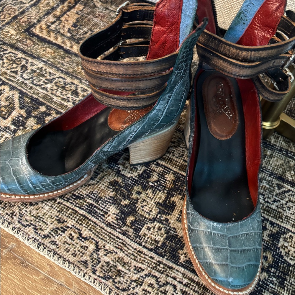 Freebird by Steven Crocodile-Embossed Blue and Brown Heels